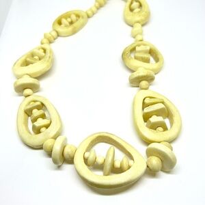Vintage Carved Bone Statement Necklace Geometric Beads Toggle Clasp